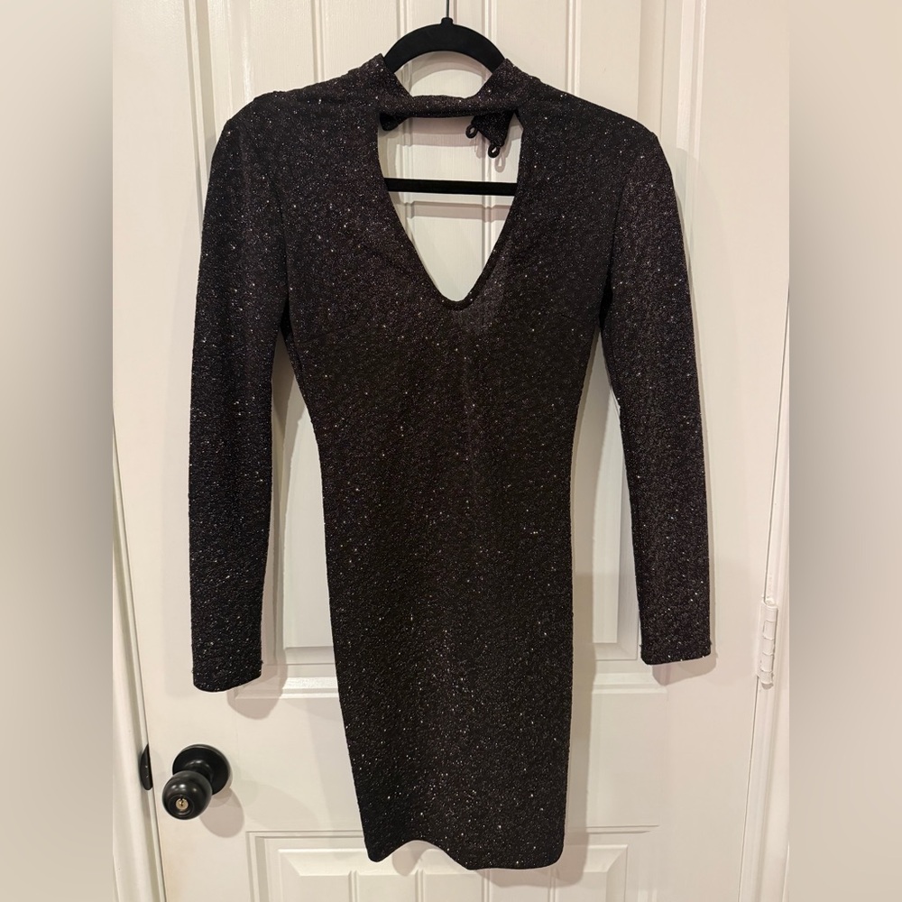 Long Sleeve Black Sparkle V-Neck Women's Dress